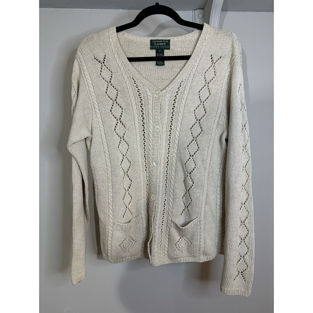 LAUREN‎ Ralph Lauren Hand Knit Linen Cotton Cable Knit Cardigan Sweater L  Beige
